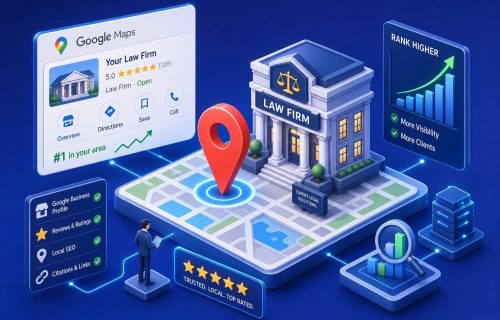 Isometric scene showing a law firm on a city map with a giant red location pin and Google Maps search panel highlighting local ranking and reviews.