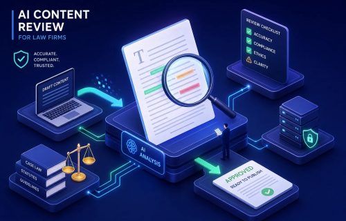 AI content review for law firms: document under magnifying glass with an Approved stamp and a review checklist.
