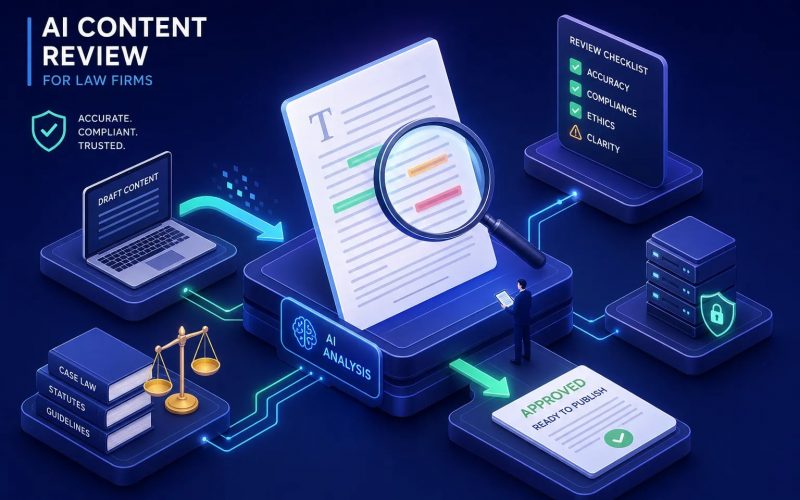 AI content review for law firms: document under magnifying glass with an Approved stamp and a review checklist.