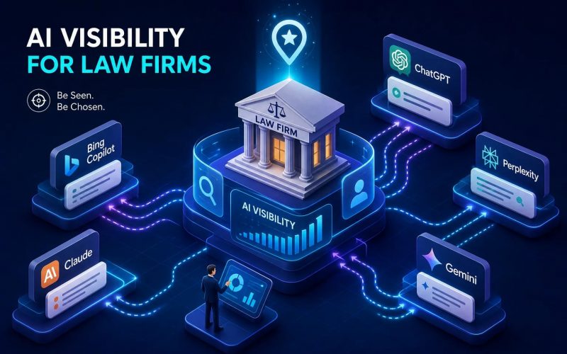 Central law firm building on a glowing platform connected to AI tools (ChatGPT, Bing Copilot, Perplexity, Claude, Gemini) illustrating AI visibility for law firms.