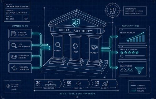 Blueprint-style illustration of a 'Digital Authority' temple with pillars labeled Visibility, Trust, and Credibility, connected to left-side inputs (Content Strategy, SEO Optimization, Reputation Building, Technical Foundation) and right-side outcomes (Search Visibility, Trust & Reputation, Quality Leads); timeline shows 90 days and phases Foundation, Execution, Growth.