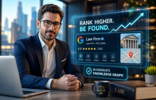 Businessman in a suit beside a laptop with a futuristic holographic panel displaying a law firm’s Google Knowledge Graph and map icon.