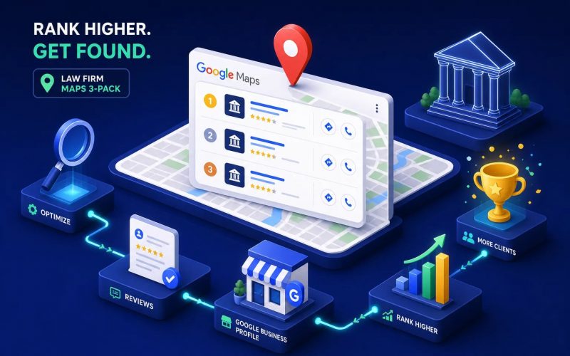 Isometric infographic showing a law firm Google Maps dashboard with a red location pin, illustrating steps to rank higher and attract more clients