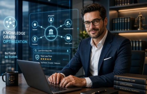 Lawyer in a suit working at a laptop with a glowing holographic knowledge graph about a law firm beside him.