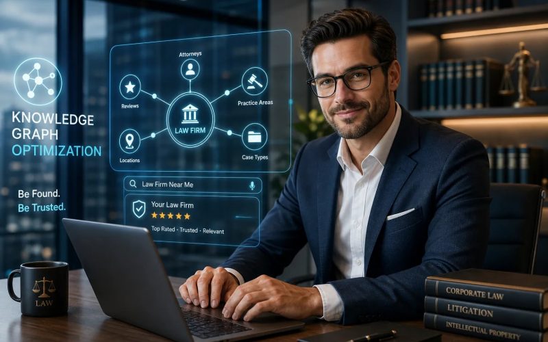 Lawyer in a suit working at a laptop with a glowing holographic knowledge graph about a law firm beside him.