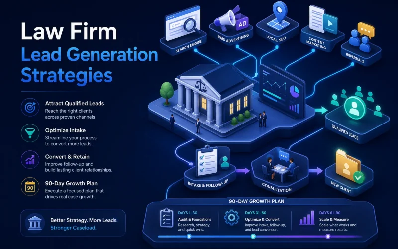Isometric infographic showing a law firm lead generation workflow with stages like attract, intake, consultation, and qualify‑leads connected by glowing lines to a central courthouse building.