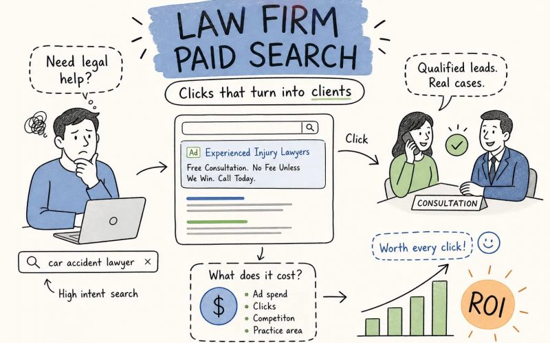 Illustration of a law firm paid search flow: a man at a laptop typing a high-intent query like 'car accident lawyer', an online ads panel labeled 'Experienced Injury Lawyers' leads to a consultation with a lawyer and a client, and a ROI/bar chart at the end shows results.