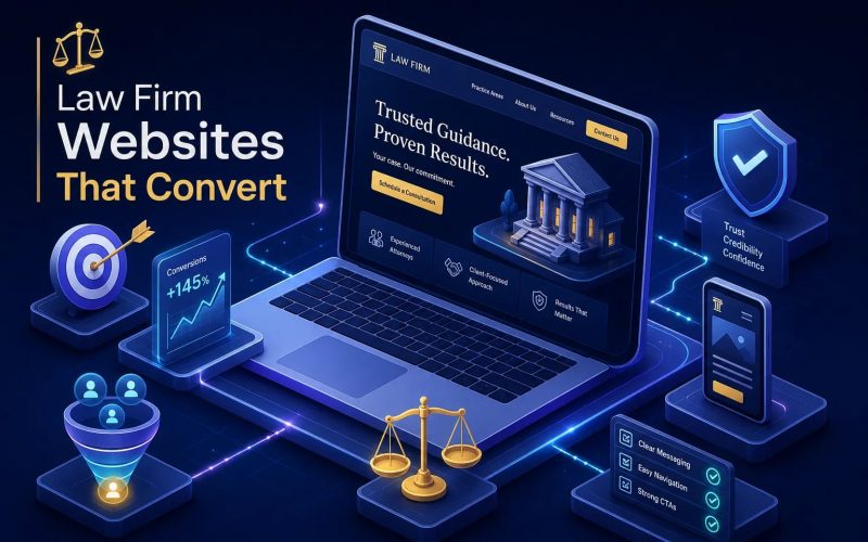 Promotional illustration of a law firm website on a laptop, with scales, target, and courthouse icons suggesting credibility and conversion.