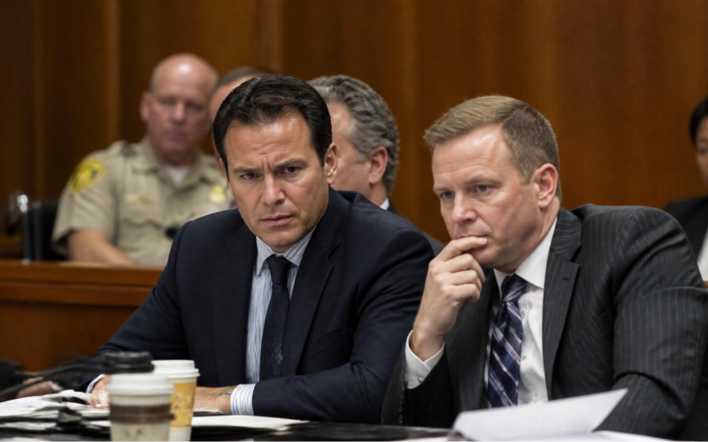 Two men in dark suits sit at a wooden table, serious faces, coffee cups and papers in front.