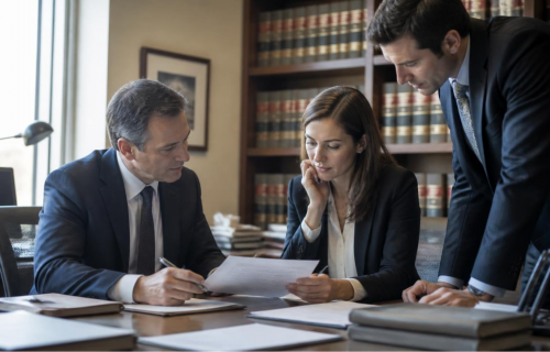 Three professionals in suits review documents at a conference table in a law office, with legal books on the shelf behind them.