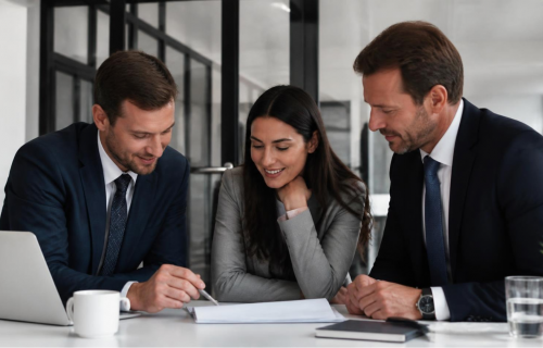 Three business colleagues in suits review documents at a conference table, with a laptop and coffee mug nearby in a modern office.