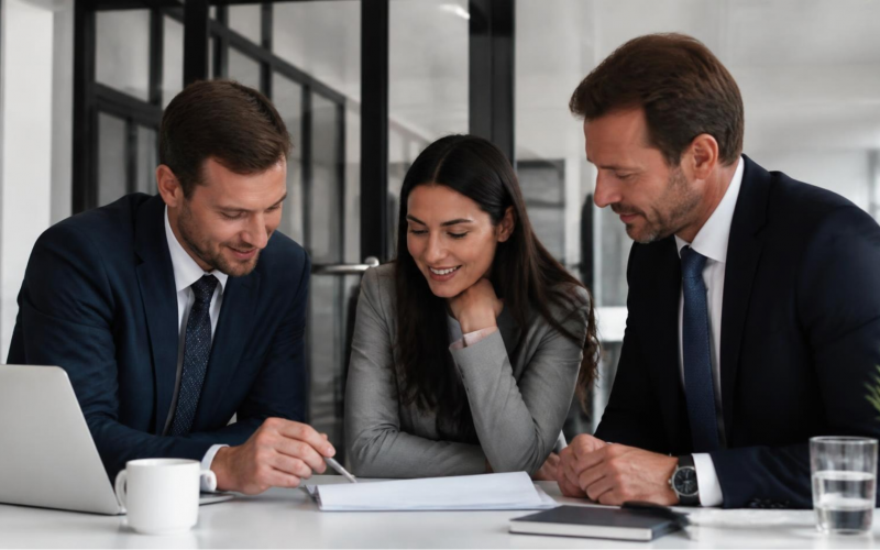 Three business colleagues in suits review documents at a conference table, with a laptop and coffee mug nearby in a modern office.