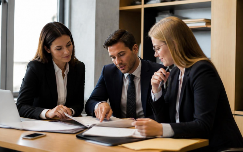 Three professionals in suits review documents around a conference table in a bright office scene with a laptop nearby.