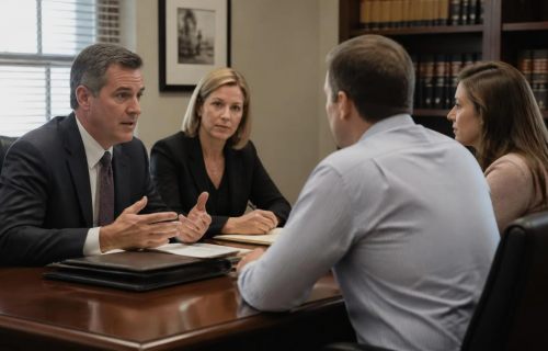 Four professionals sit around a polished conference table in a formal office, engaged in a discussion.