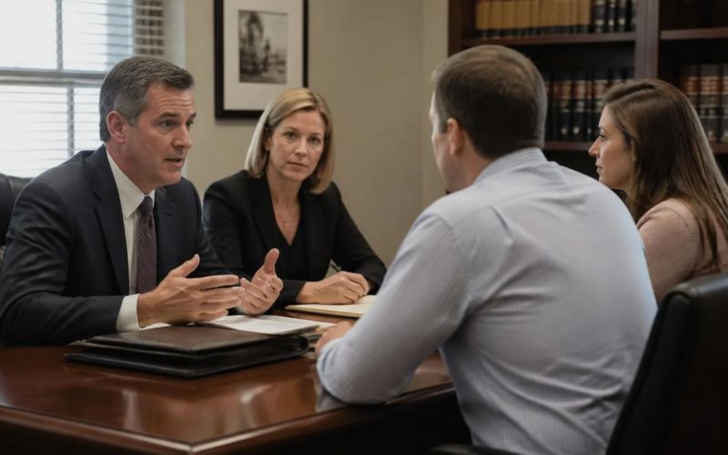 Four professionals sit around a polished conference table in a formal office, engaged in a discussion.
