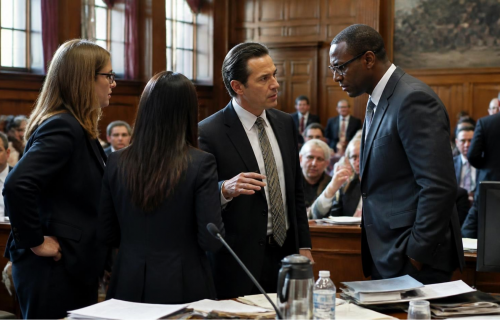 Three professionals in dark suits converse at a wooden conference table in a formal courtroom setting, with attendees in the background.