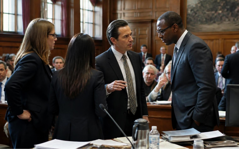 Three professionals in dark suits converse at a wooden conference table in a formal courtroom setting, with attendees in the background.