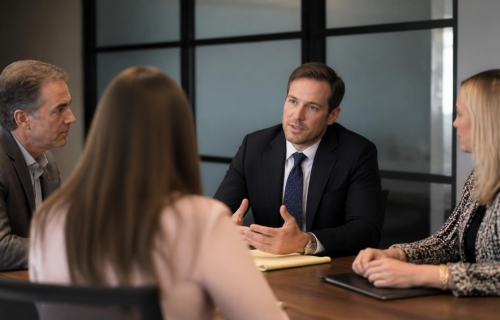 Four professionals in a conference room, a man in a navy suit speaking while others listen at the table.