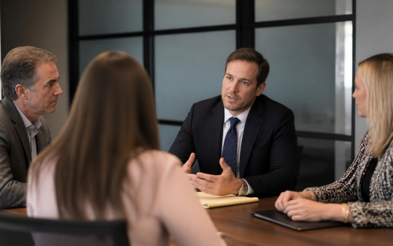 Four professionals in a conference room, a man in a navy suit speaking while others listen at the table.