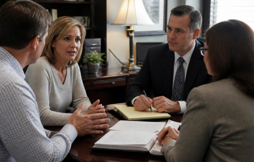 Four professionals sit around a wooden conference table in an office, discussing documents laid out on the table.