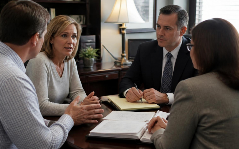 Four professionals sit around a wooden conference table in an office, discussing documents laid out on the table.
