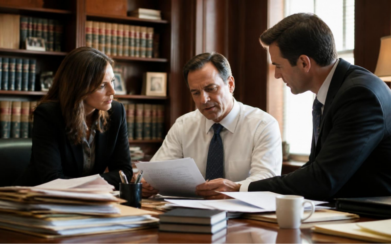 Three professionals in a law office review documents around a wooden desk, with shelves of legal books in the background.