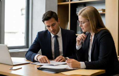 Two professionals in business attire review documents at a desk with a laptop open beside them.