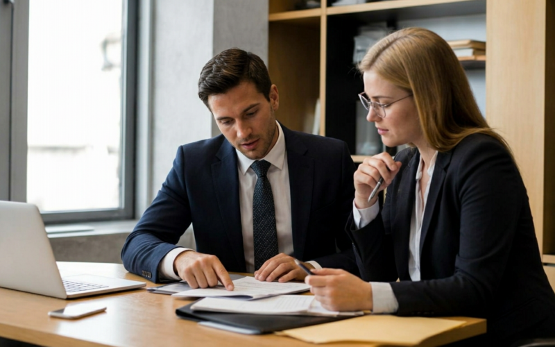 Two professionals in business attire review documents at a desk with a laptop open beside them.
