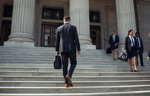 A man in a suit carries a briefcase while walking up the marble steps of a neoclassical building with tall columns, followed by other professionals in formal attire.