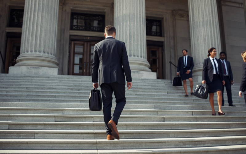 A man in a suit carries a briefcase while walking up the marble steps of a neoclassical building with tall columns, followed by other professionals in formal attire.