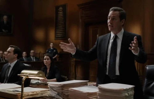 A man in a suit stands and gestures while speaking in a wood-paneled courtroom, with colleagues seated at a desk piled high with legal documents in front of him.