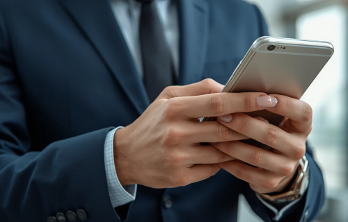 Businessperson in a navy suit using a smartphone in a professional setting