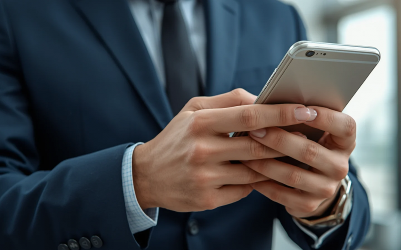 Businessperson in a navy suit using a smartphone in a professional setting