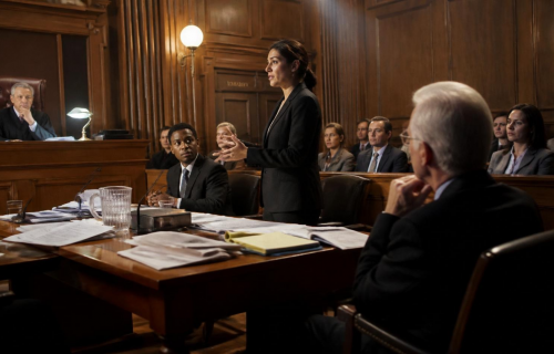 Female lawyer standing and speaking in a wood-paneled courtroom, others seated and listening, judge at left with papers on the desk.