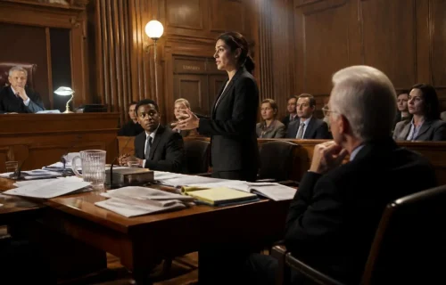 Female attorney stands and speaks at a wooden courtroom desk as the judge and spectators listen nearby.