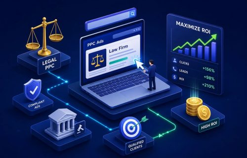 Infographic showing a legal PPC workflow with icons for compliant ads, qualified clients, and high ROI on a dark blue background