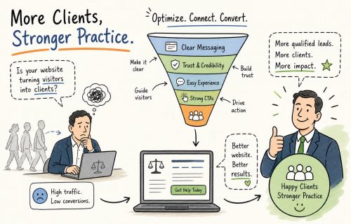 Infographic showing a marketing funnel to attract more clients: clear messaging, trust, easy experience, strong CTAs, ending with happy clients and a stronger practice.