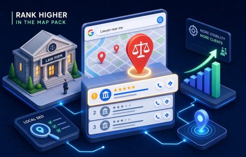 Isometric illustration of a law firm connected to a map search with location pins and a ranking list showing increased visibility for local SEO.