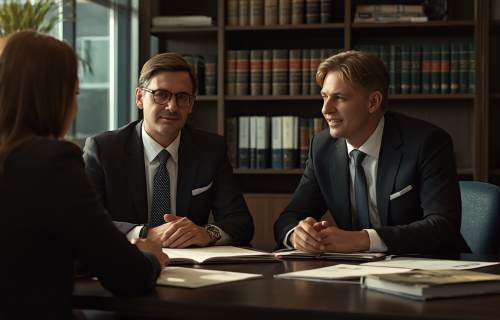 Three professionals in suits sit around a conference table discussing documents in a wood‑paneled office with bookshelves in the background, facing the camera.