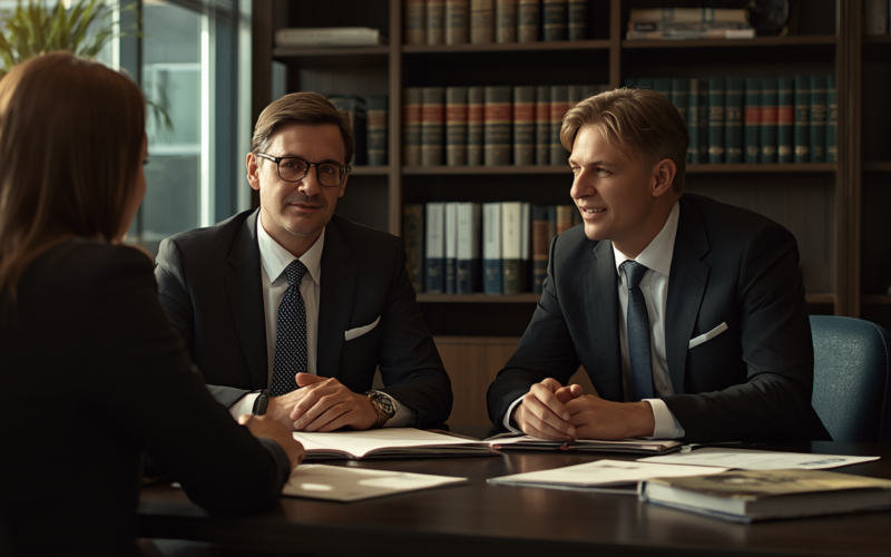 Three professionals in suits sit around a conference table discussing documents in a wood‑paneled office with bookshelves in the background, facing the camera.