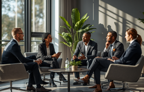 Five professionals in suits sit in a sunlit, plant-filled office, engaged in a group discussion around a low table.