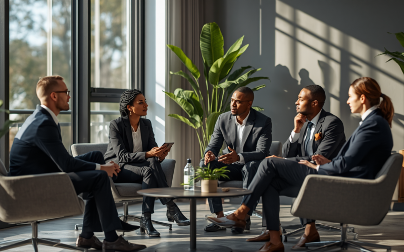Five professionals in suits sit in a sunlit, plant-filled office, engaged in a group discussion around a low table.