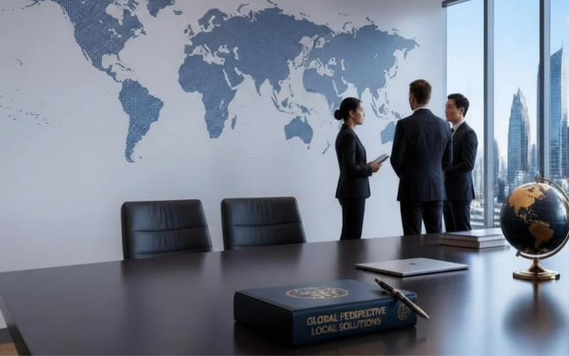 Three professionals in suits stand and converse near a world map mural in a modern conference room, with a globe on the desk and a city skyline outside the windows.