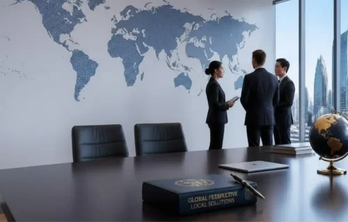 Three professionals in suits stand and converse near a world map mural in a modern conference room, with a globe on the desk and a city skyline outside the windows.