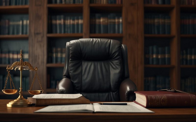 Leather judge's chair behind a desk, with scales of justice and legal books in the background.