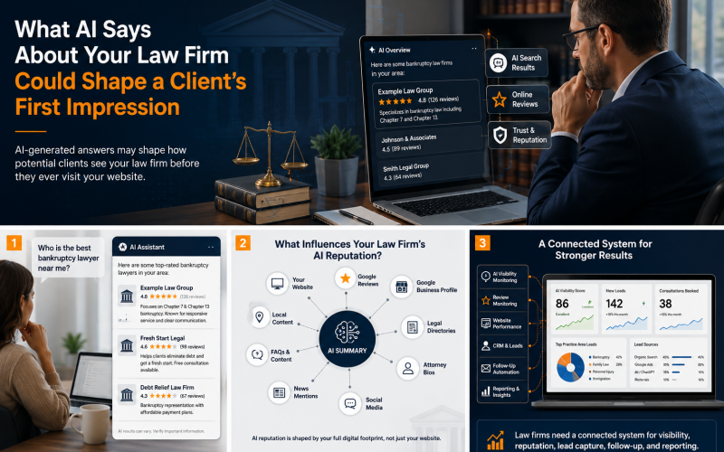Hero collage: bold white and orange headline about AI shaping a law firm's first impression, with scales of justice and law books on a desk behind. A man in a suit reviews AI dashboards on a laptop screen.