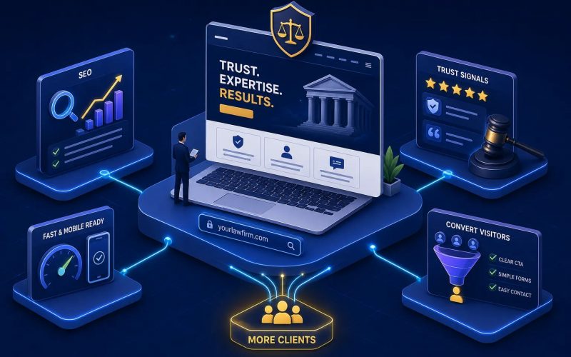 Central laptop displays a law firm branding with 'Trust. Expertise. Results.' and a courthouse icon, surrounded by panels.